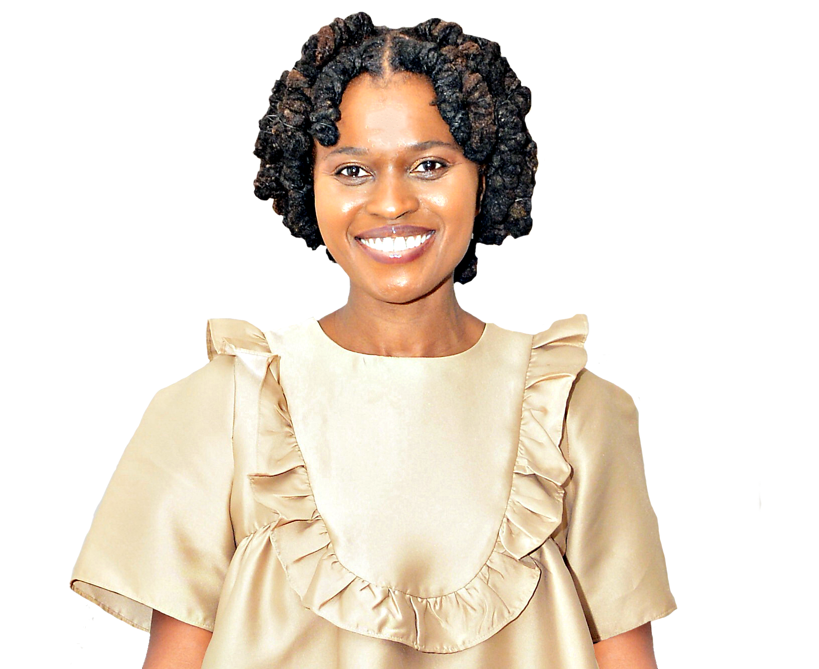 The founder of Peacefully Orange, a Doctor of Natural Medicine, smiling in a cream ruffled blouse