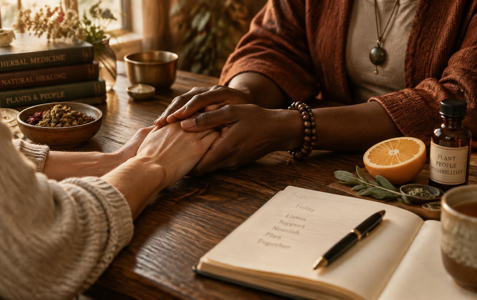 An unhurried consultation at a wooden table