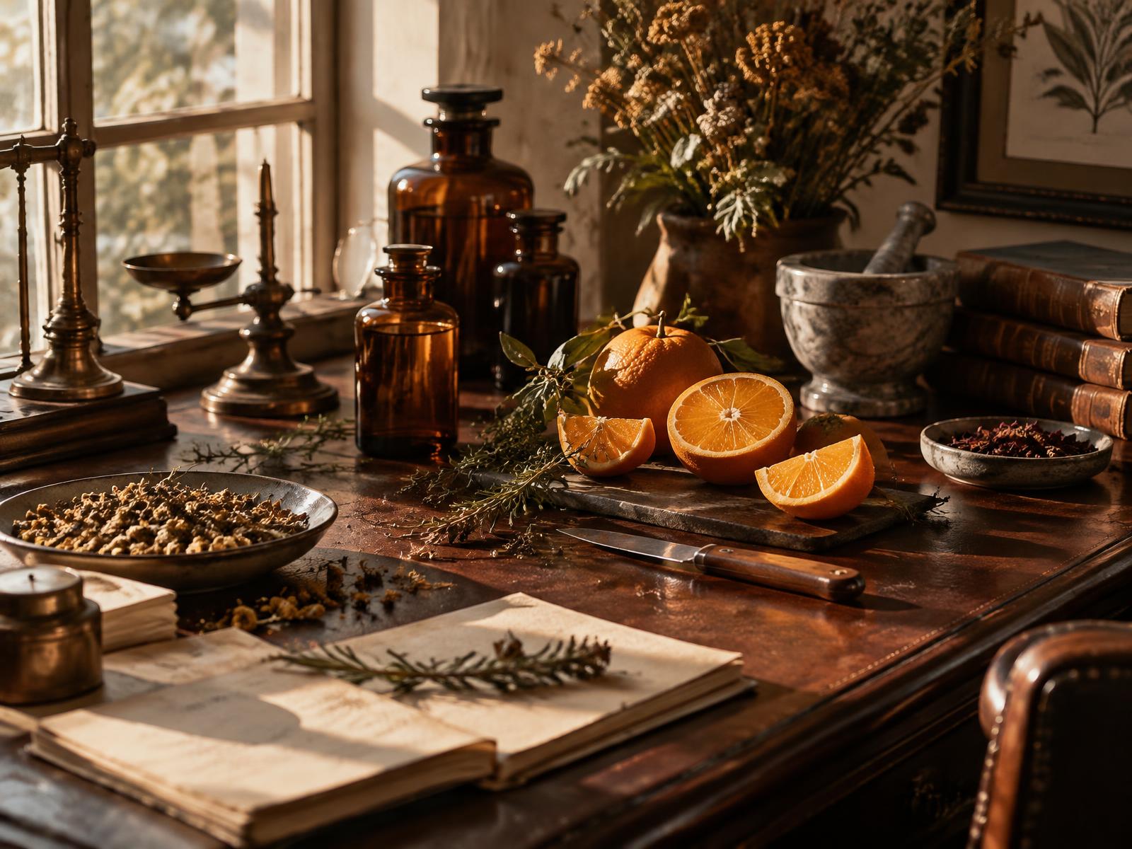 A sunlit practitioner's desk with oranges, dried botanicals, amber apothecary bottles and open notes